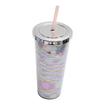 Двуслойни пластмасова чаша с пайети, слама чашка, творчески годишният чашка за студена питейна вода