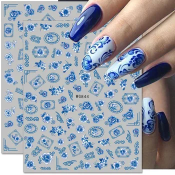 Стикери за нокти в ретро стил, с цвят на Морска вълна, дизайн нокти в стила на китайската керамика, Стикери за нокти със синьо цвете, Стикери за нокти с Дракон, Стикери За Нокти, Аксесоари За нокти