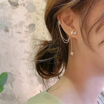 Модни корейски осмоъгълен обеци с пискюли в формата на звезда, за жени, ушни маншет, на хладно златар верига, реколта кристални обеци, подарък за парти по случай рождения ден