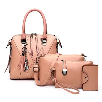 Костюм от четири обекта, висококачествени дамски чанта от изкуствена кожа, реколта модерна чанта на рамо, по-голямата голям пътна чанта-тоут, портфейли Q251