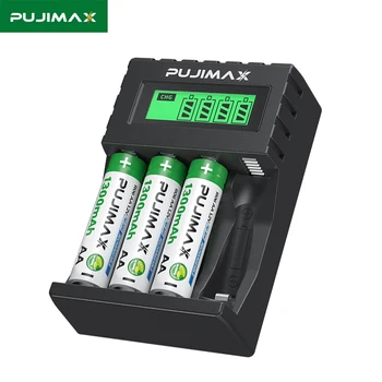 PUJIMAX 4-слотное Зарядно устройство с LCD дисплей и Оригинална 4шт Акумулаторна батерия AAA/AA NiMH за домашно Преносим набиране