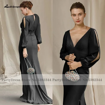 Елегантна черна рокля-майката на булката с дълъг ръкав за сватби 2022, халат за специални случаи, сатенени рокли на русалка за партита