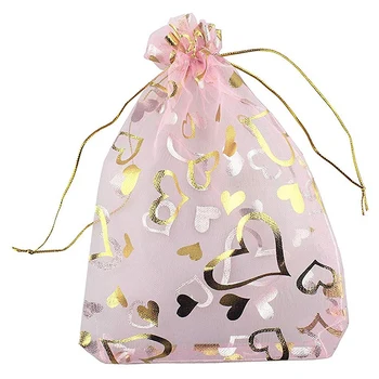 100 бр Розови торбички от органза с принтом сърцето 9x12 см, пликове за бижута, торбички за съвсем малък от органза, сватбени сувенири, подаръчни опаковки за шоколадови бонбони