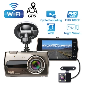 Автомобилен видеорекордер WiFi 4.0 Full HD 1080P dvr Камера за обратно виждане Огледало Видеорекордер паркинг Сензор видеорекордер за нощно виждане Черна кутия, с GPS