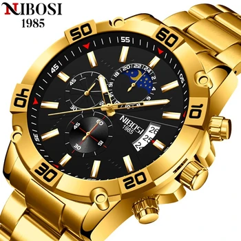 Мъжки часовник NIBOSI 2022, Модни Златни Часовници С Хронограф, За Мъже, светещи Водоустойчив Часовник С Фазата на Луната, Мъжки Relogio Masculino