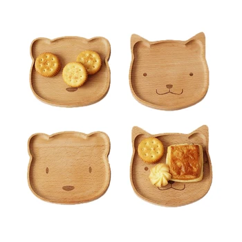 Кавайная дървена чиния със сладки анимационни котка и Мечка, плодови ястия от масивна дървесина, чаен поднос, десерт чиния, прибори за сервиране деца, Детски