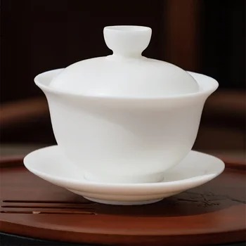 Китайски чай набор от Gaiwan Кунг-фу, бяла керамични съдове Gaiwan, чаена чаша Sancai
