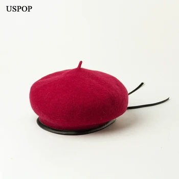 USPOP, дамски барети от дебела вълна, регулируем шапка-барета с изкуствена вискозна, женски вълнени шапки, есенни обикновена шапки, зимни топли шапки