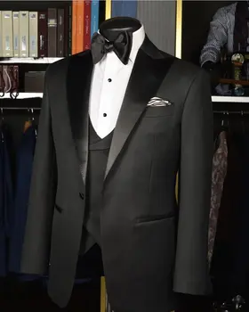 Черен мъжки костюм за сватбата, 3 предмет в пакет (жаккет + панталони + жилетка) Смокинг, костюм homme mariage, блейзър, за бала, за мъже, изработена по поръчка