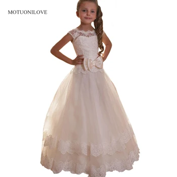 Дантелено бебешка рокля за Първия Св. причастие с лък, рокли на цветчета за момичетата, за сватба, парти рокля за абитуриентски бал за момичета, детски