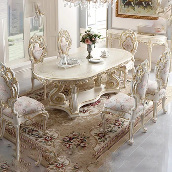 Френски мебели в дворцов стил от масивна дървесина, декорирана маса за хранене с дължина 2,2 м, набор от места за хранене столове и маси, ръчно изработени в европейски стил