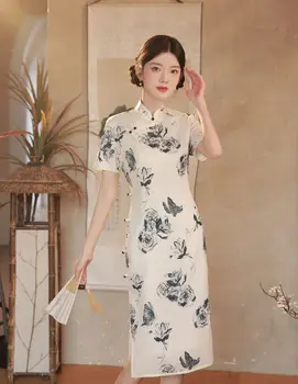 Жена винтажное тънка дълга рокля с висока цепка Ципао, китайският национален цветен принт Чонсам