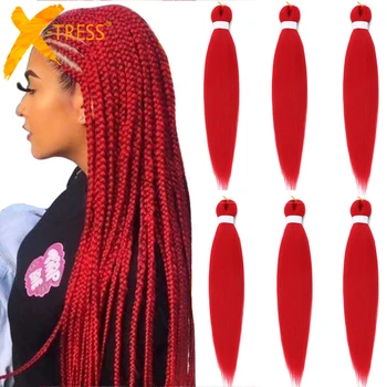 X-TRESS Червен Цвят, Синтетични Предварително Опъната, Лесно Ширити, Удължаване на косата, Без сърбеж, Топла Вода, Плетене на една кука, spit Яки Директен
