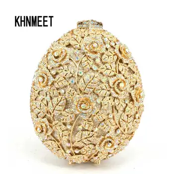 Блестяща златна чанта с кристали AB silver е с формата на яйце, цвете, диамант, луксозна вечерна дамска чанта, дамска чанта за сватбени партита, луксозни чанти sc507