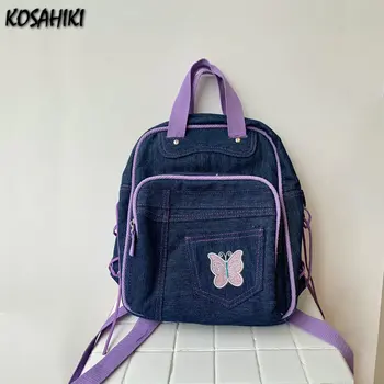 Дънкови чанти в контрастен цвят с бродерия на пеперуда, женски студентски эстетичные ученически чанти Y2k, модни пътни раници голям капацитет