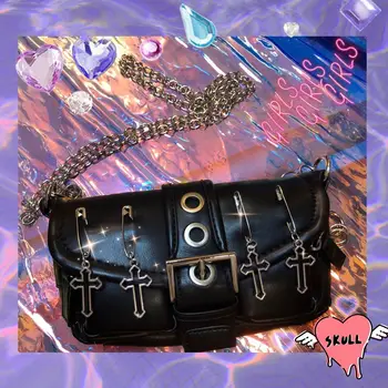 JIAERDI Реколта готическата чанта на рамото Y2k, женствена чанта през рамо в стил харадзюку в стил пънк, дамска чанта за през рамото от изкуствена кожа, луксозен дизайн