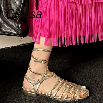 Cialisa/2023 Лятна Ежедневни Обувки; Дамски Сандали в Римски стил от естествена Кожа; Модни обувки с каишка отзад, Ръчно изработени с каишка На щиколотке На Нисък Ток; Цвят Златен 40