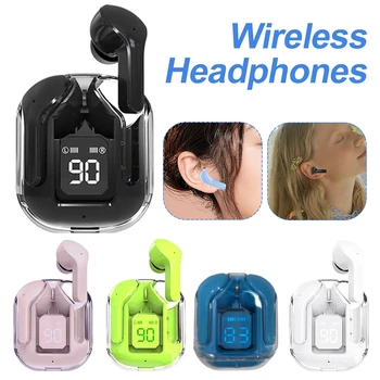 Безжични слушалки Прозрачни слушалки с led на захранването, дигитален дисплей, стереозвук, който е съвместим с Bluetooth 5.3 за спорт